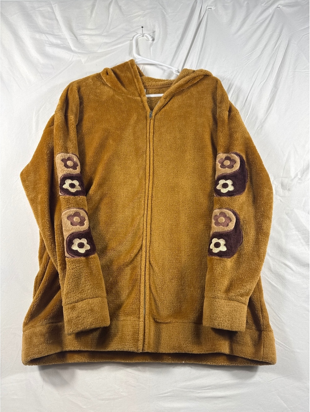 Mighty Fine Brown Fleece Hoodie with Floral Yin Yang Patches, Medium